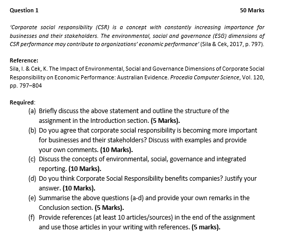 Solved Question 1 50 Marks Corporate Social Responsibility | Chegg.com