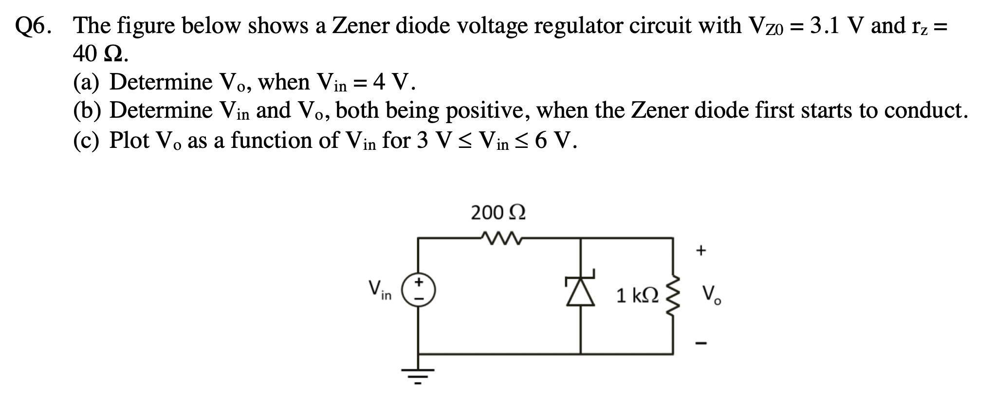 The figure below shows a Zener diode voltage regulator circuit with VZ0​=3.1 V and rz​= 40Ω. (a) Determine Vo​, when Vin ​=4 V. (b) Determine Vin ​ and Vo​, both being positive, when the Zener diode first starts to conduct. (c) Plot Vo​ as a function of Vin ​ for 3V≤Vin ​≤6V.