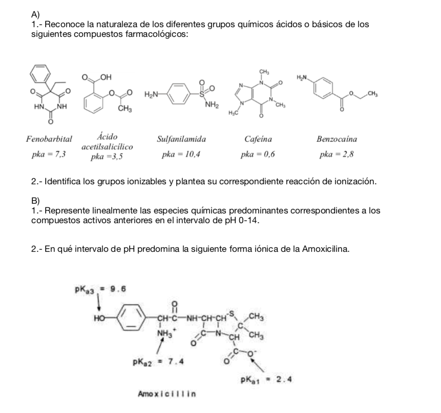 A) 1.- Reconoce la naturaleza de los diferentes grupos químicos ácidos o básicos de los siguientes compuestos farmacológicos: