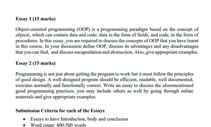 Solved Essay 1 (15 marks) Object-oriented programming (OOP) | Chegg.com