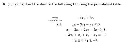 Solved 6. (10 points) Find the dual of the following LP | Chegg.com