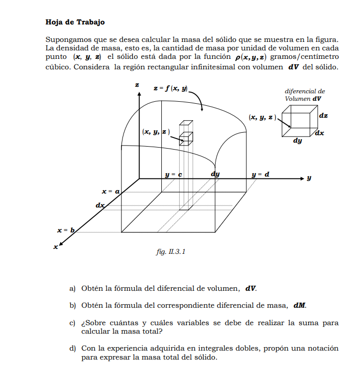 Hoja de Trabajo Supongamos que se desea calcular la masa del sólido que se muestra en la figura. La densidad de masa, esto es