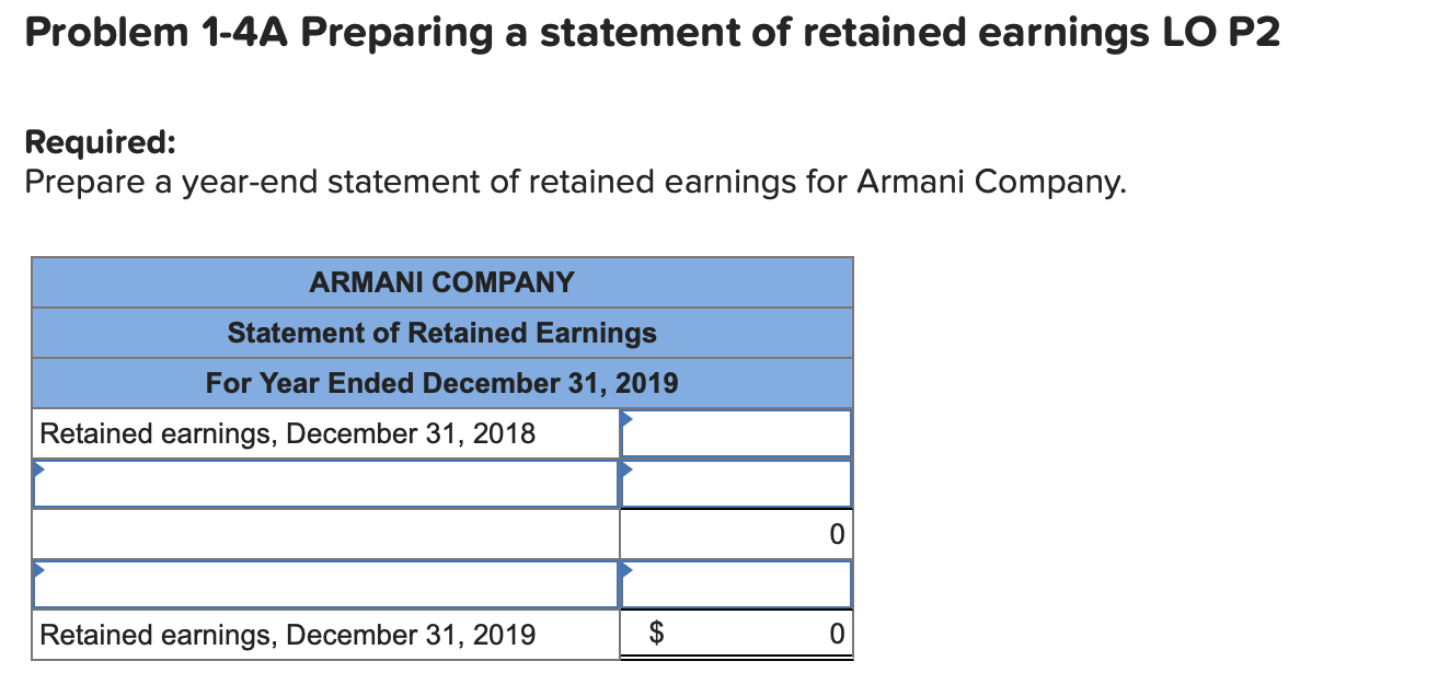 Problem 1-4A Preparing a statement of retained earnings LO P2
Required:
Prepare a year-end statement of retained earnings for