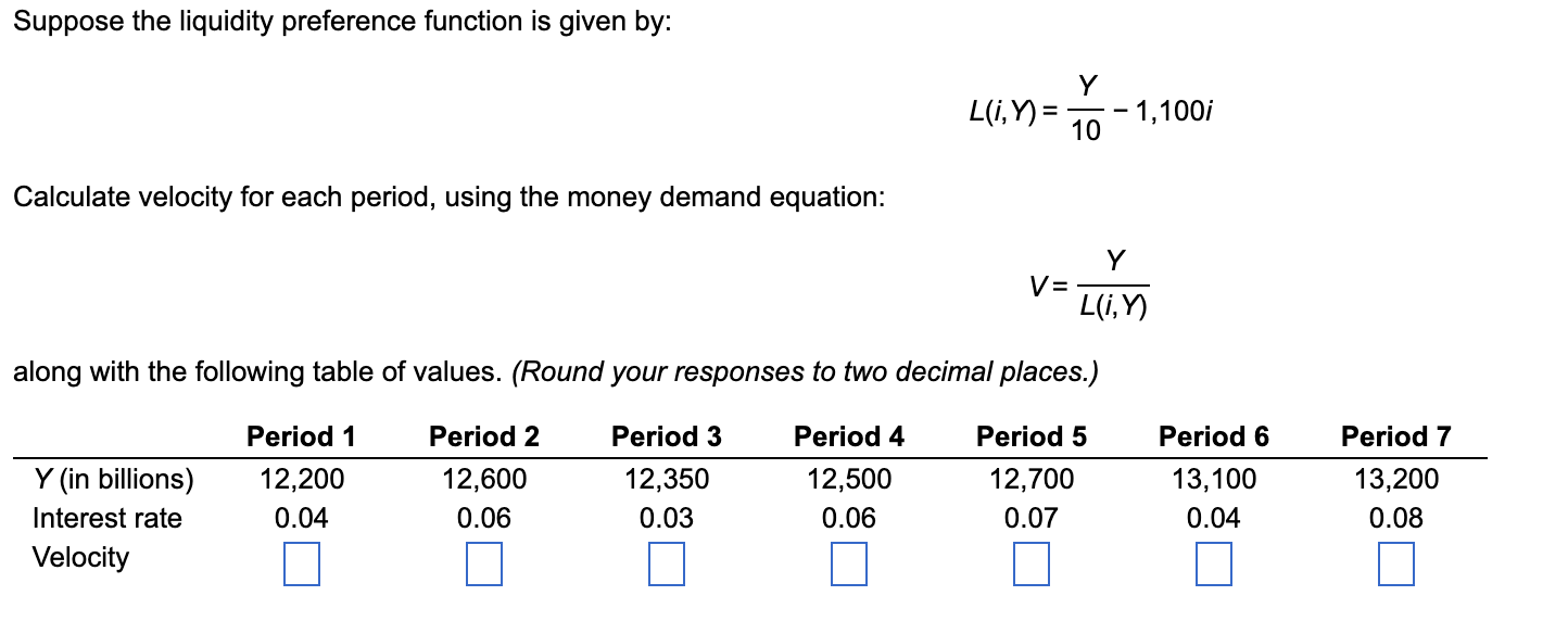 Suppose the liquidity preference function is given by:
Y
L(i,Y)=
- 1,100i
10
Calculate velocity for each period, using the mo