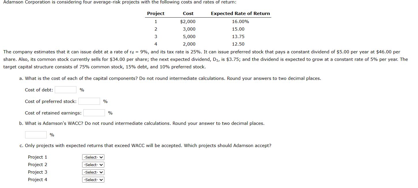 Solved Adamson Corporation is considering four average-risk | Chegg.com