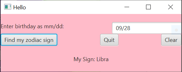 Hello Х Enter birthday as mm/dd: 09/28 Find my zodiac sign Quit Clear My Sign: Libra
