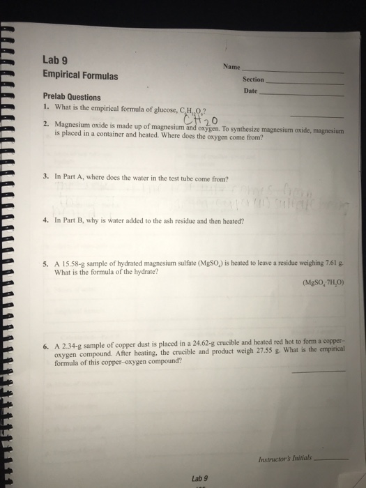 Solved Lab 9 Empirical Formulas Prelab Questions 1. What Is | Chegg.com