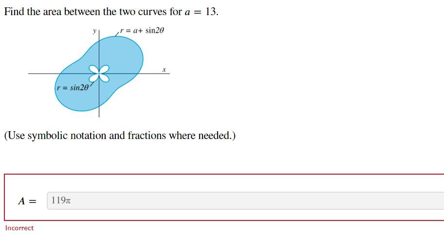 Solved Find the area between the two curves for a=13. (Use | Chegg.com