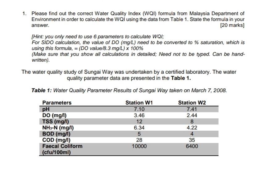 1 Please Find Out The Correct Water Quality Index Chegg Com