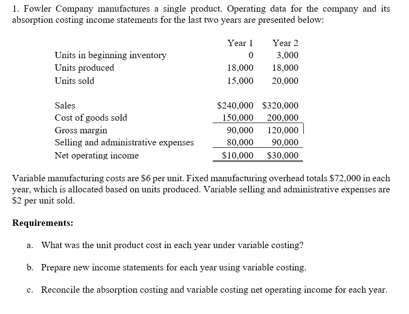 solved-1-fowler-company-manufactures-a-single-product-chegg