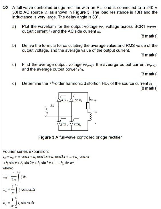 Solved Q2. A full- wave controlled bridge rectifier with an | Chegg.com