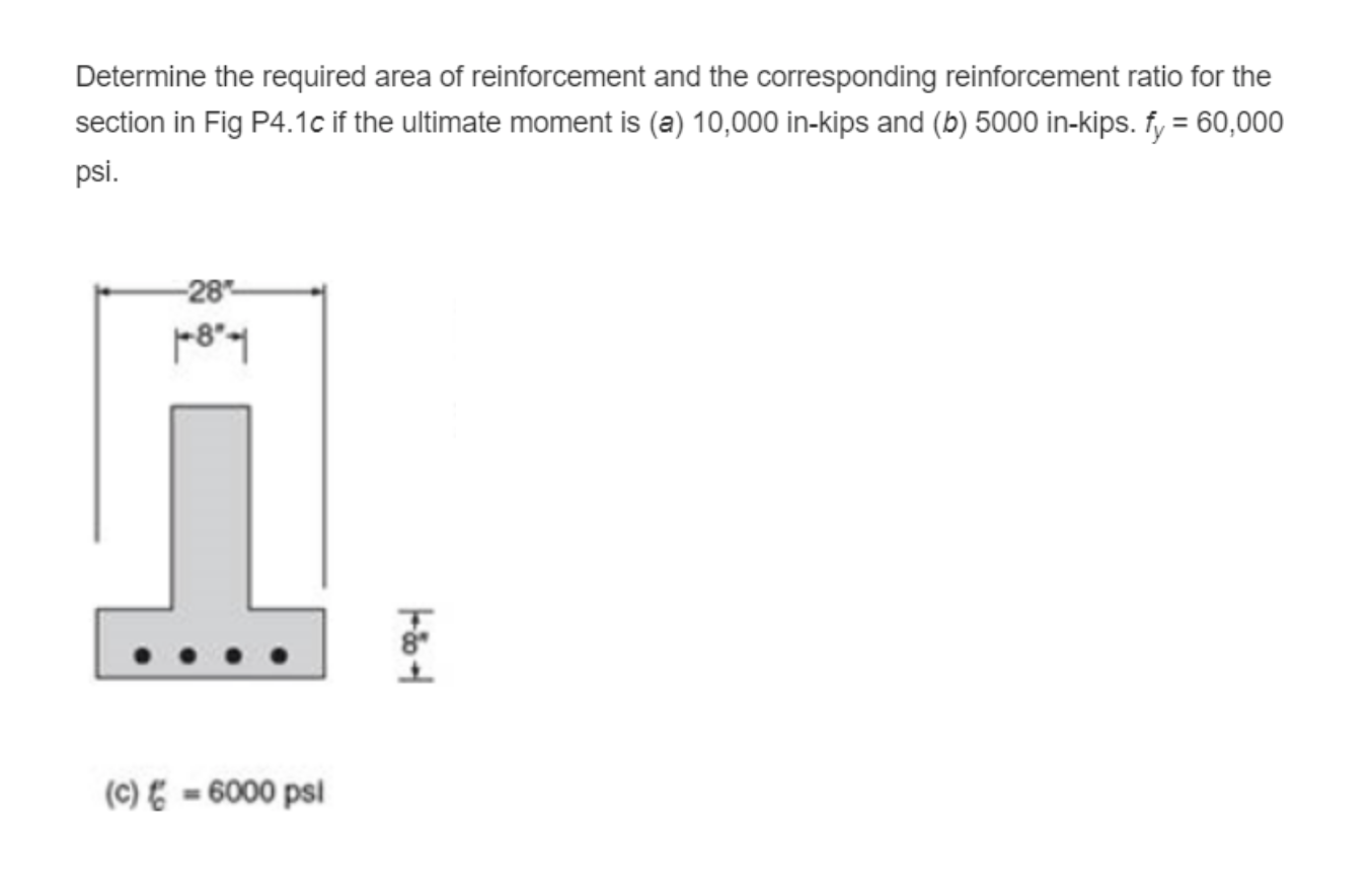 Determine the required area of reinforcement and the corresponding reinforcement ratio for the section in Fig P4.1c if the ul