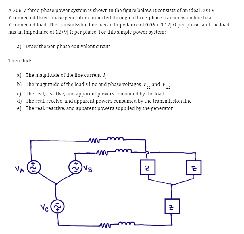 Solved A 208-V three-phase power system is shown in the | Chegg.com