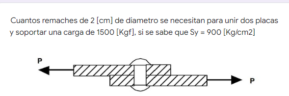 Cuantos remaches de 2 [cm] de diametro se necesitan para unir dos placas y soportar una carga de 1500 [kgf], si se sabe que S