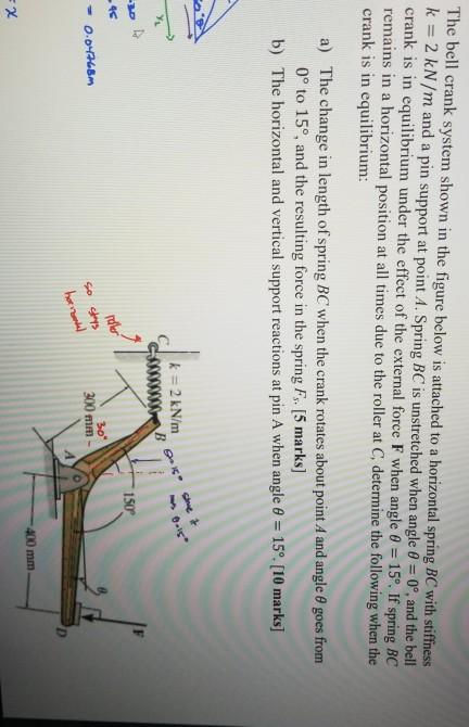 The bell crank system shown in the figure below is attached to a horizontal spring BC with stiffness k = 2 kN/m and a pin sup