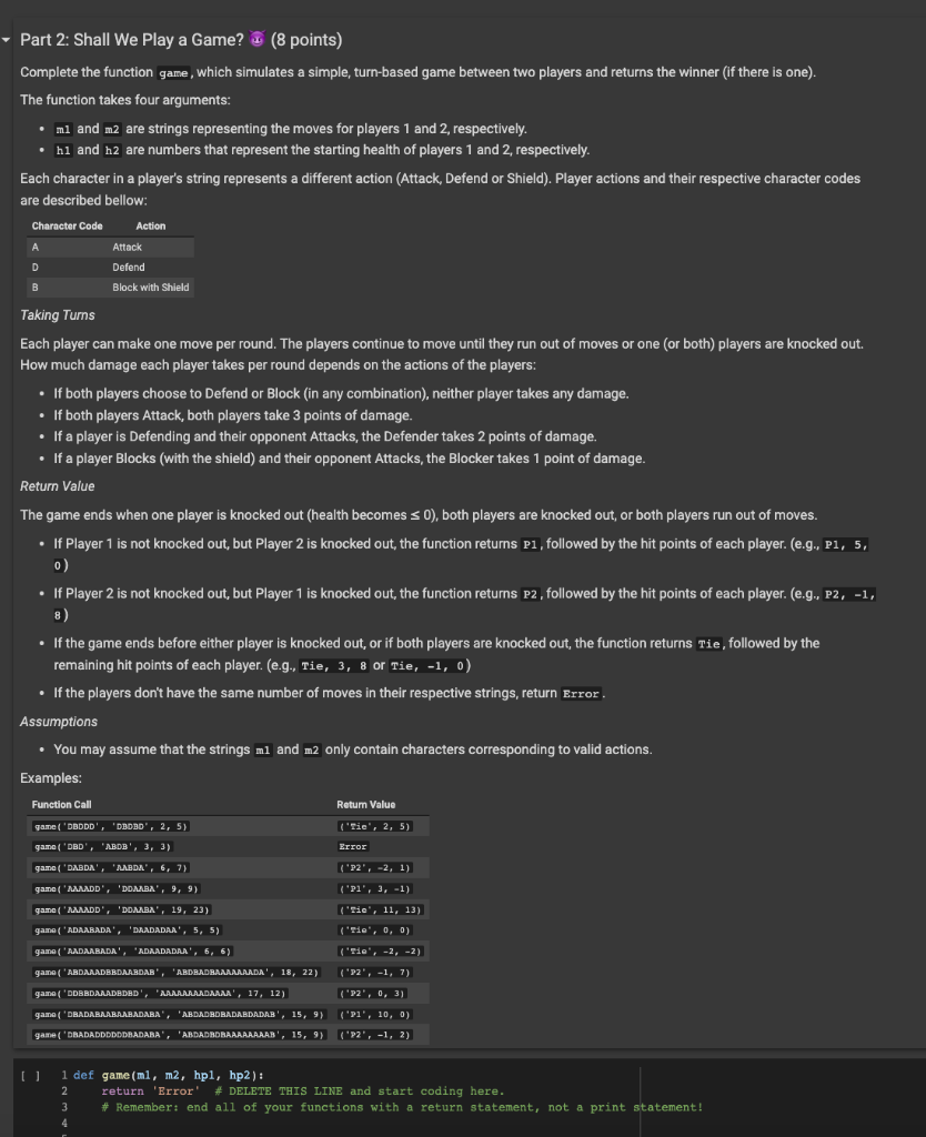 Solved Part 2: Shall We Play a Game? (8 points) Complete the | Chegg.com