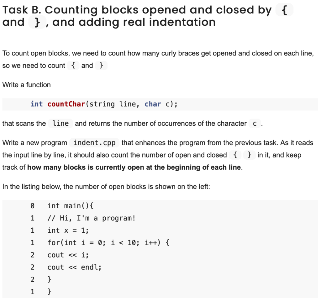 { Task B. Counting blocks opened and closed by and } | Chegg.com