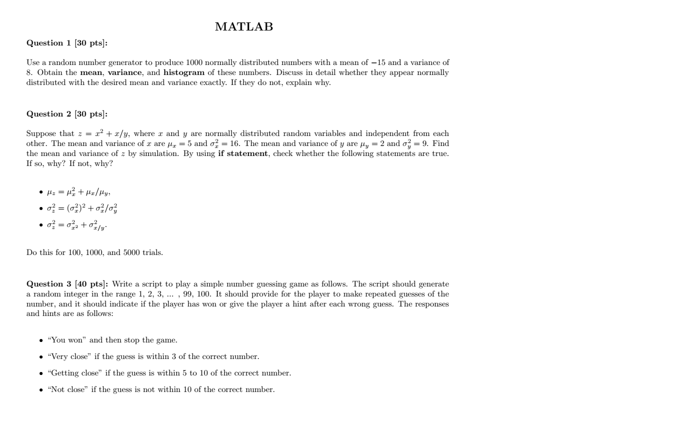 Solved 1) Write the MATLAB code to generate a random number