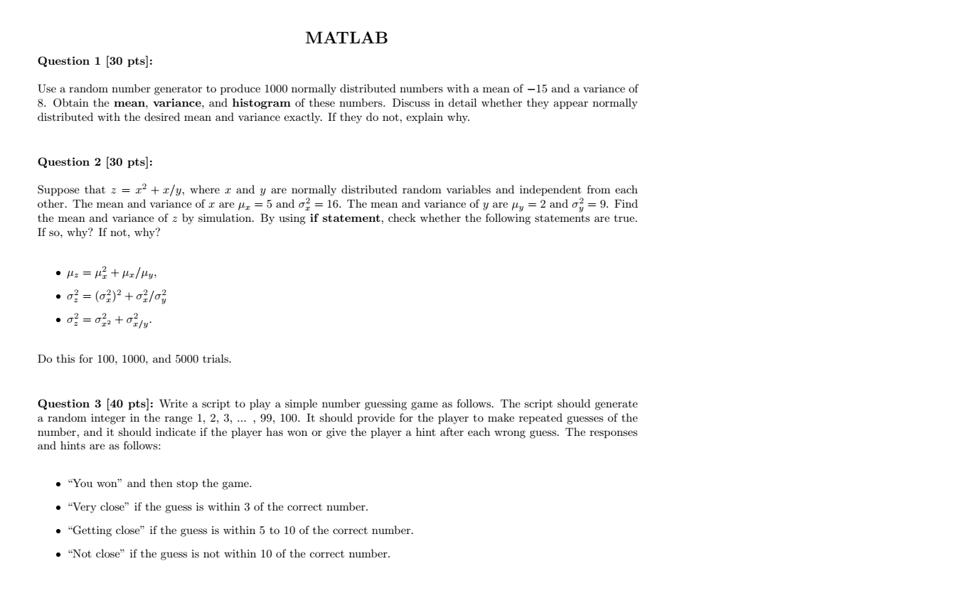 Solved Matlab Question 1 30 Pts Use A Random Number Chegg Com