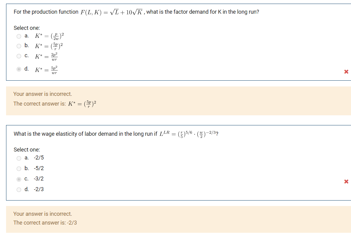 Solved For the production function F(L, K) = √I + 10√K, what | Chegg.com