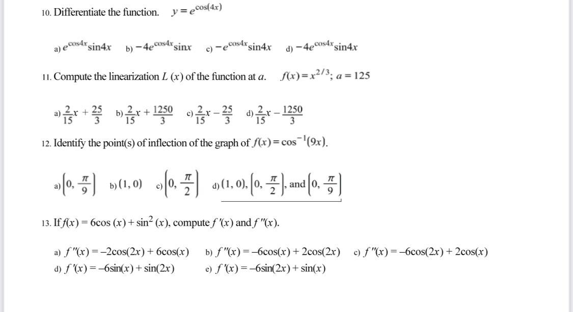 Solved 10 Differentiate The Function Y Ecos 4x A E Chegg Com