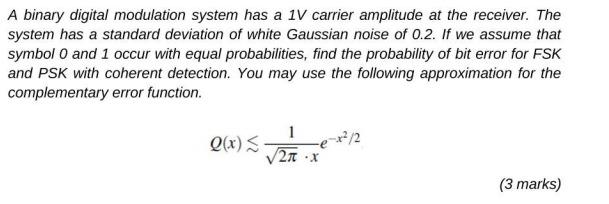 Solved A binary digital modulation system has a 1V carrier | Chegg.com