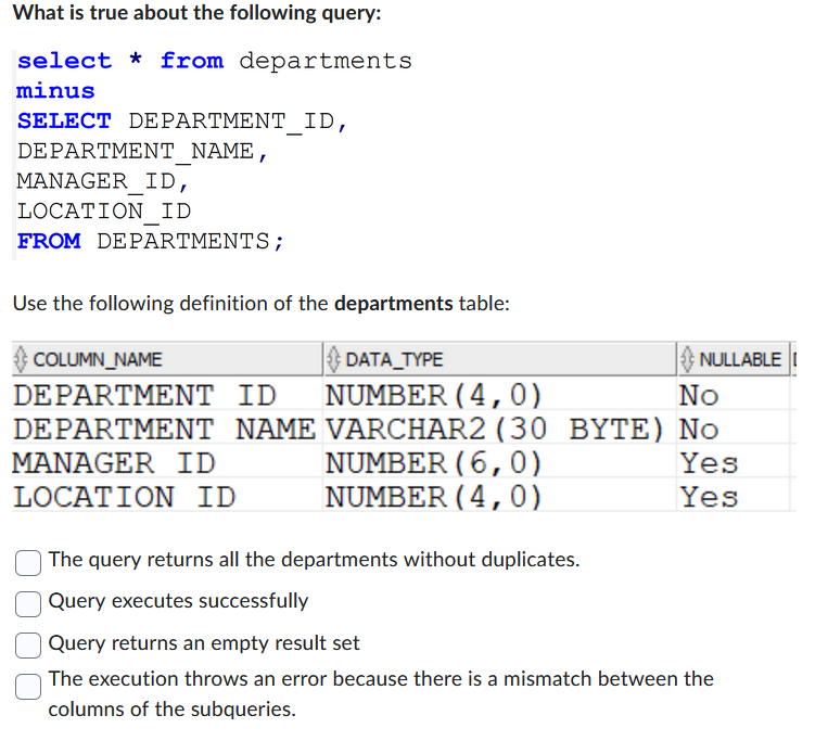 Solved What is true about the following query: select ∗ from | Chegg.com