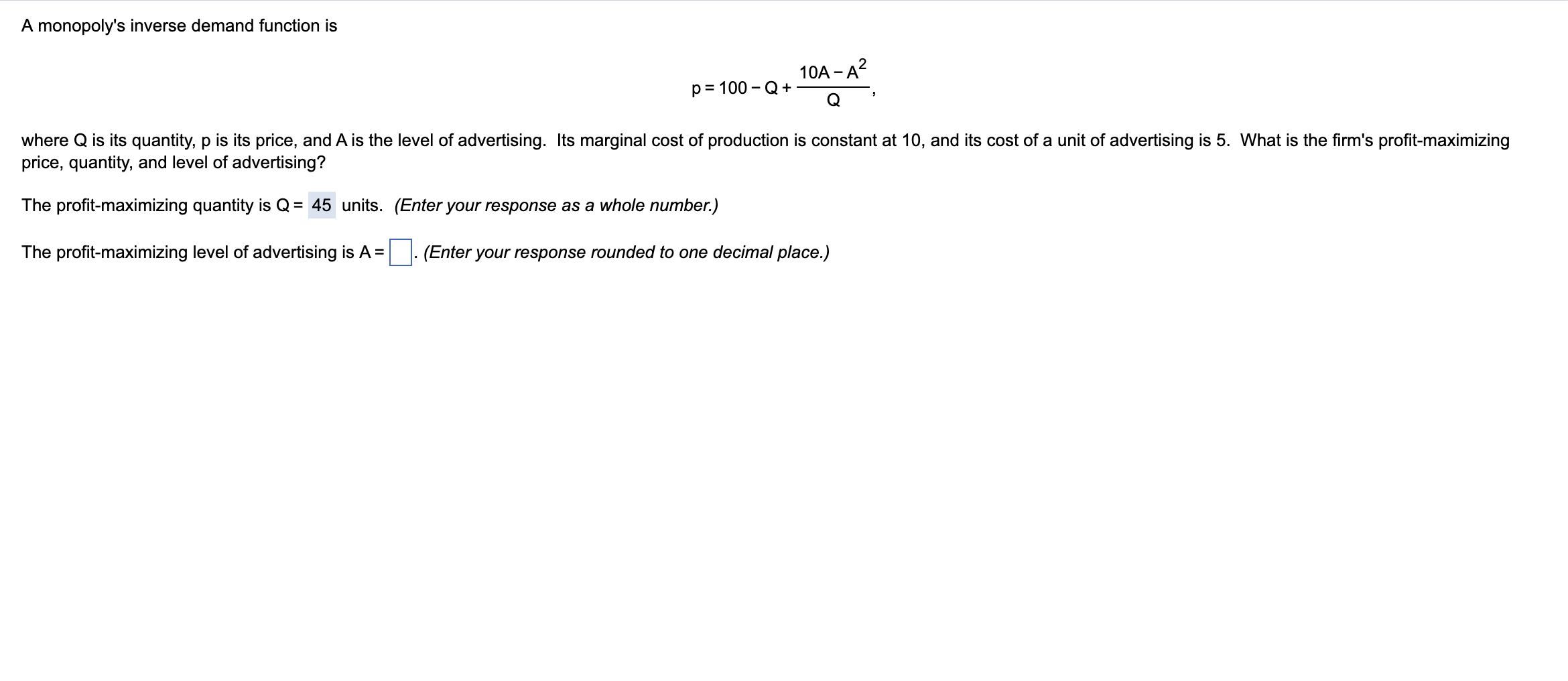 Solved A monopoly's inverse demand function is