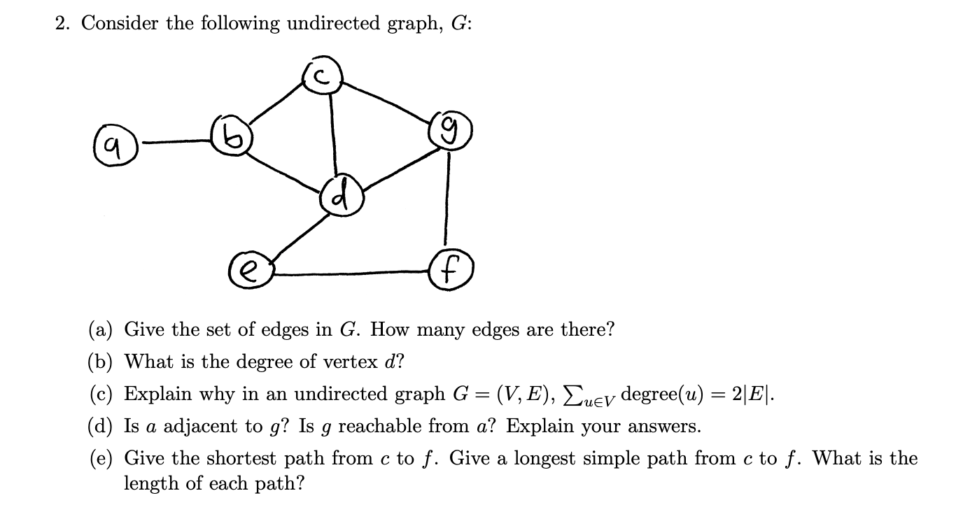 Solved 2. Consider The Following Undirected Graph, G : (a) | Chegg.com