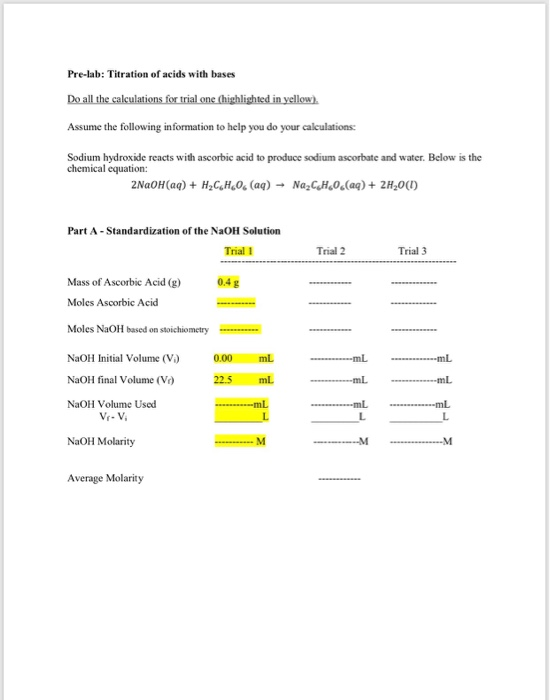 Solved Prelab Titration of acids with bases Assume the