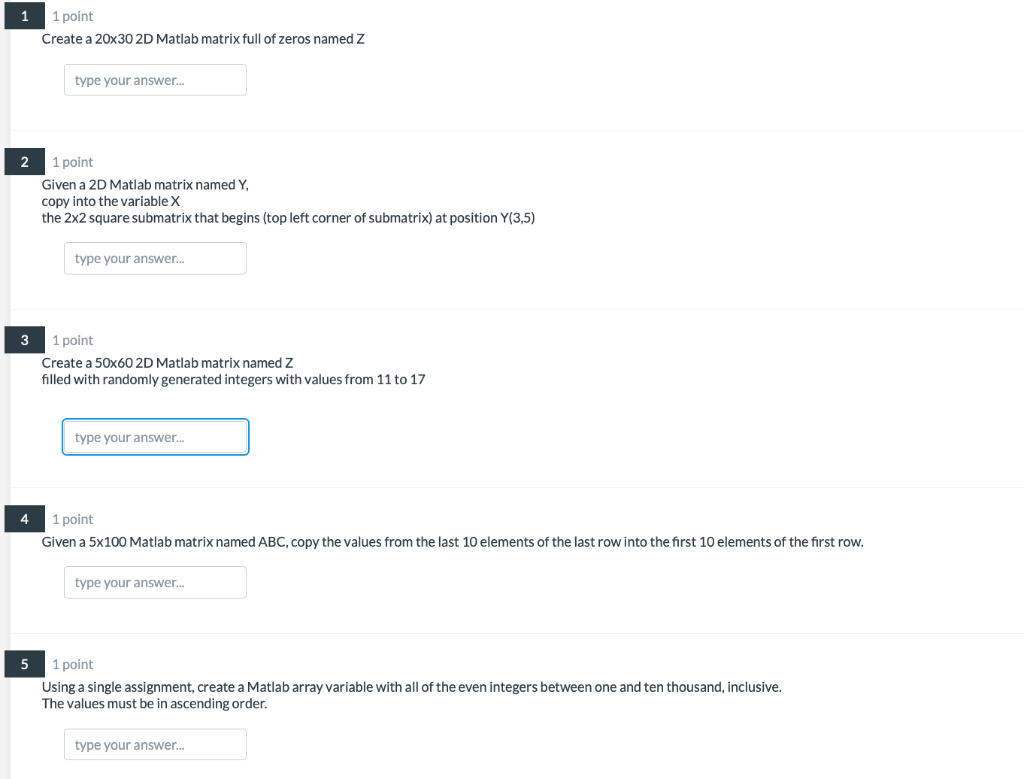 Solved 1 1 point Create a 20x30 2D Matlab matrix full of | Chegg.com