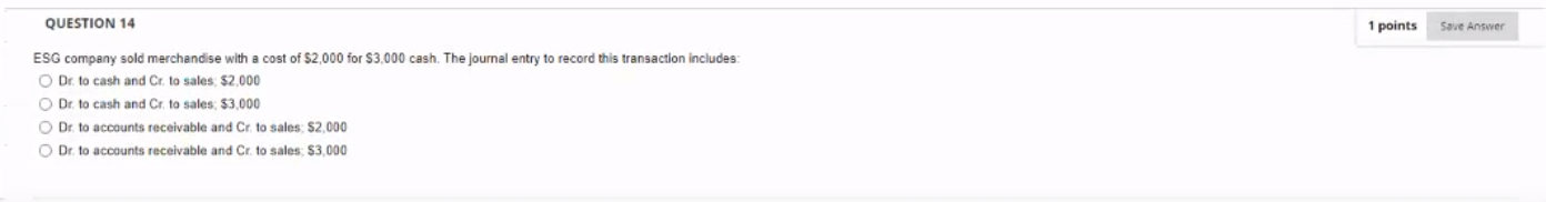 Solved QUESTION 14 1 Points Save Answer ESG Company Sold | Chegg.com