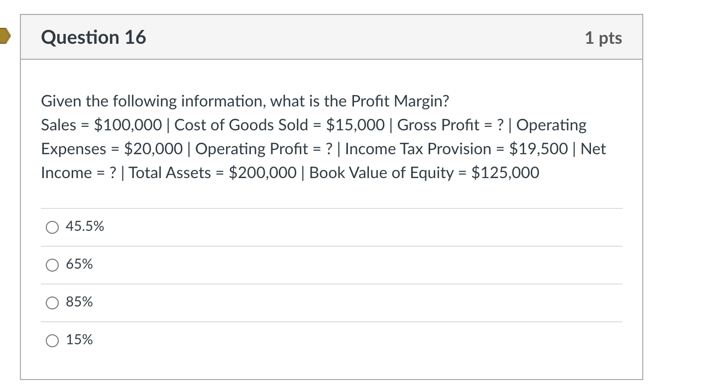 Solved Question 16 1 pts Given the following information, | Chegg.com