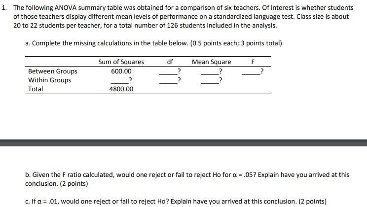 Solved The following ANOVA summary table was obtained for a | Chegg.com