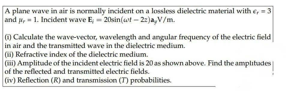 Solved A plane wave in air is normally incident on a | Chegg.com