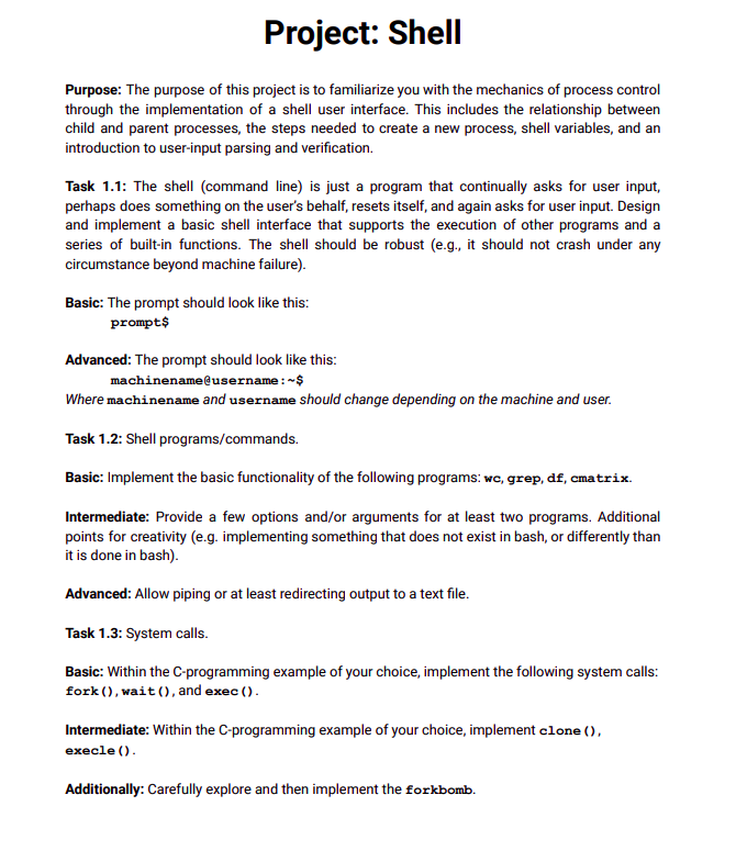 Solved Project Shell Purpose The Purpose Of This Project Chegg Com