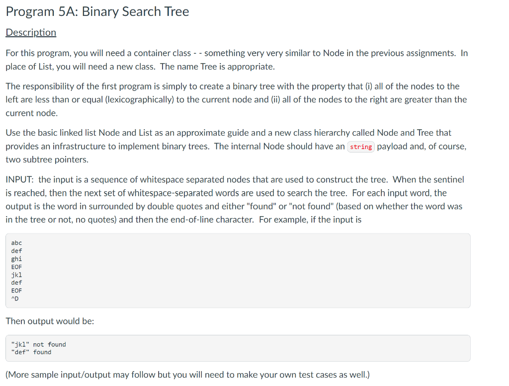 Solved Program 5A: Binary Search Tree Description For this | Chegg.com