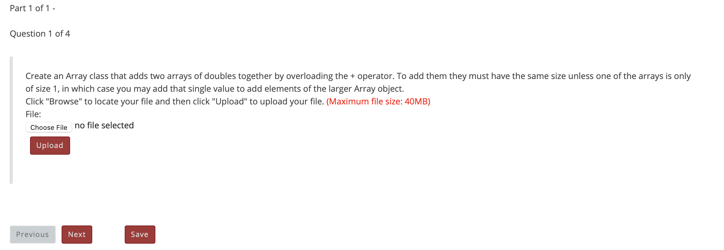Solved Part 1 of 1 - Question 1 of 4 Create an Array class | Chegg.com
