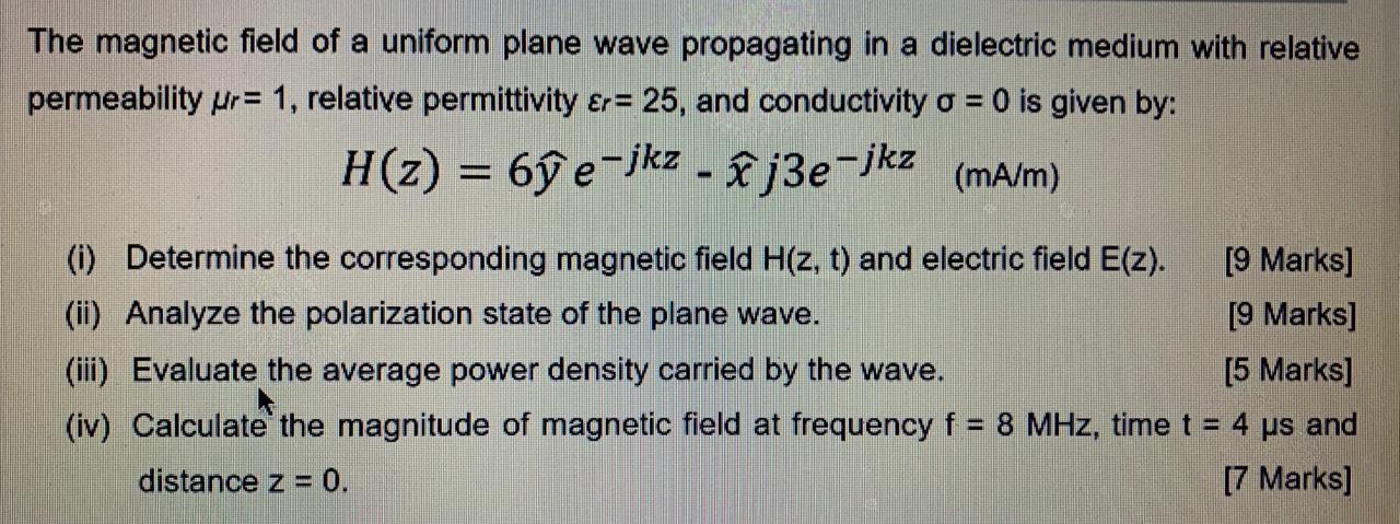 Solved The magnetic field of a uniform plane wave | Chegg.com