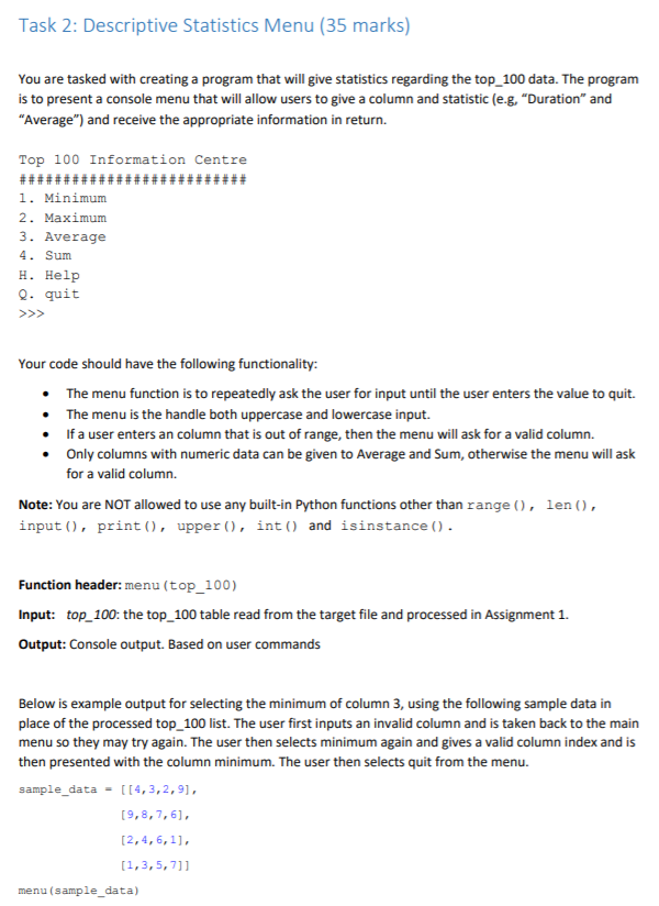 Solved Task 1A: Sorting Tables (10 marks) A sorting function | Chegg.com