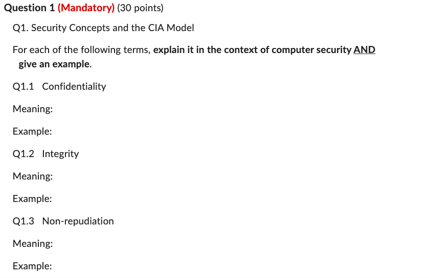 Solved Q1. Security Concepts And The CIA Model For Each Of | Chegg.com