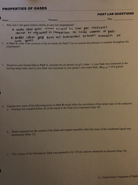 Solved PROPERTIES OF GASES POST LAB QUESTIONS Name Partners