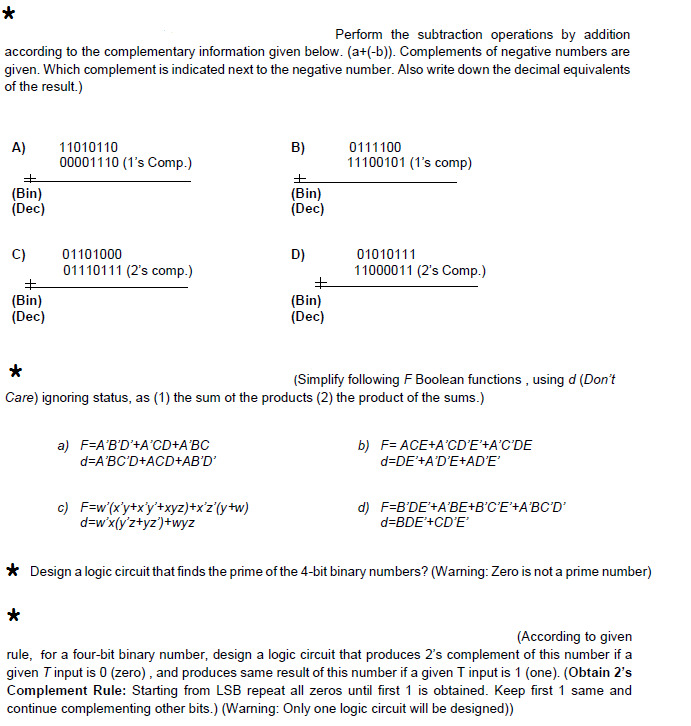 Solved * Perform the subtraction operations by addition | Chegg.com