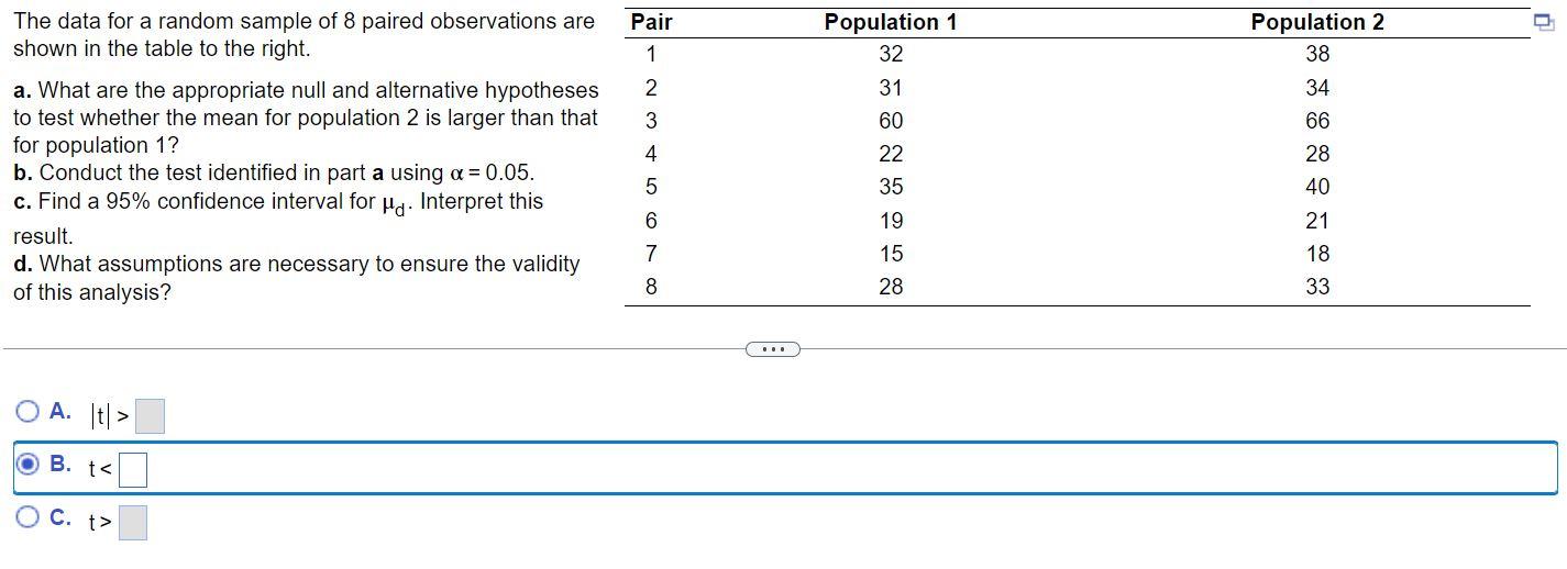 Solved The data for a random sample of 8 paired observations | Chegg.com