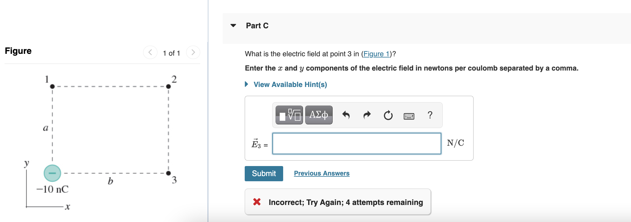 Figure
What is the electric field at point 3 in (Figure 1)?
Enter the \( x \) and \( y \) components of the electric field in