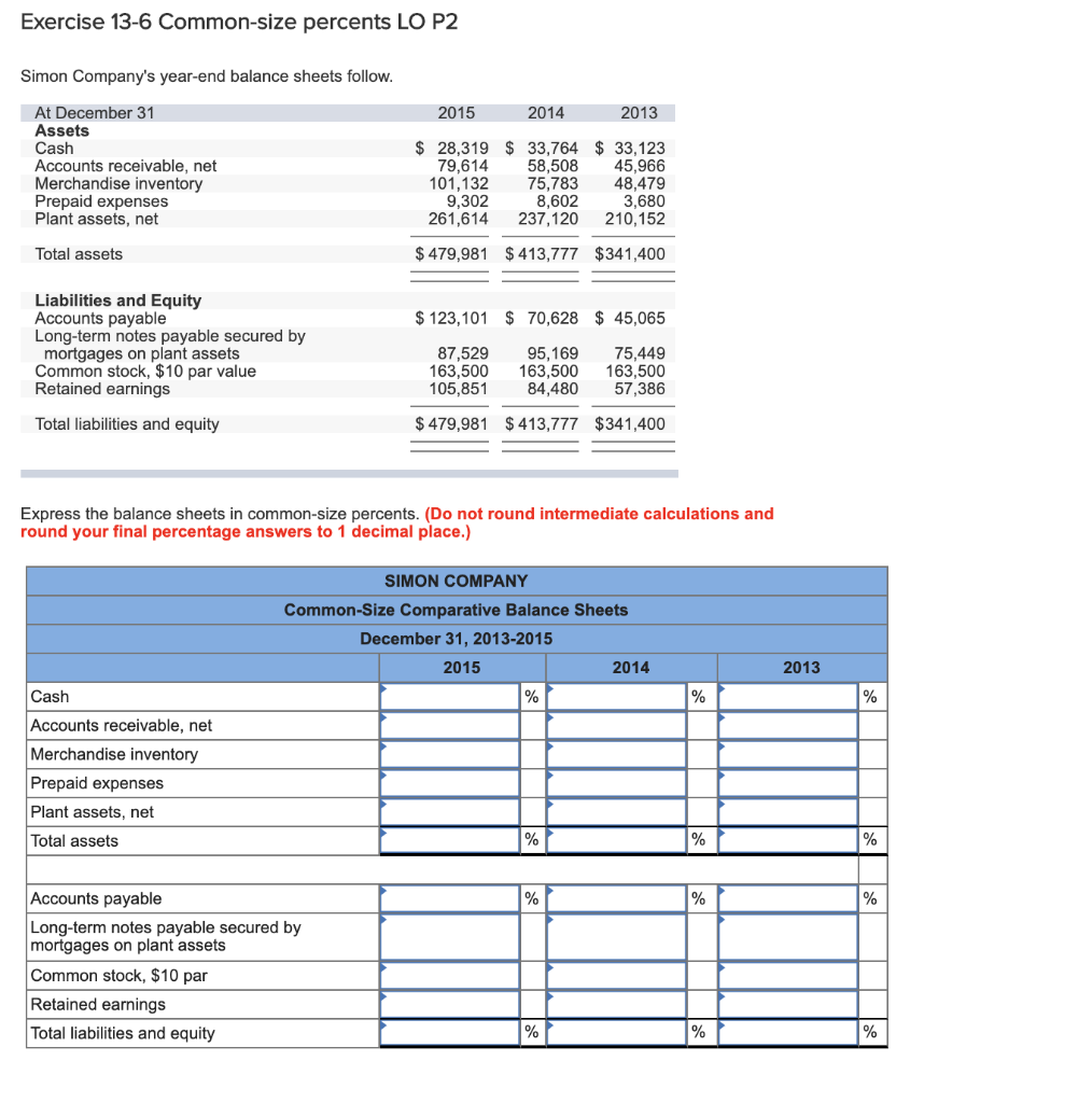 Solved Exercise 13-6 Common-size percents LO P2 Simon | Chegg.com