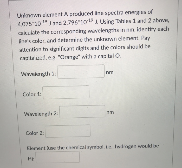 Solved Unknown element A produced line spectra energies of | Chegg.com