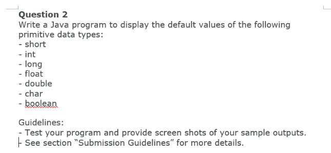 Question 2 Write a Java program to display the | Chegg.com