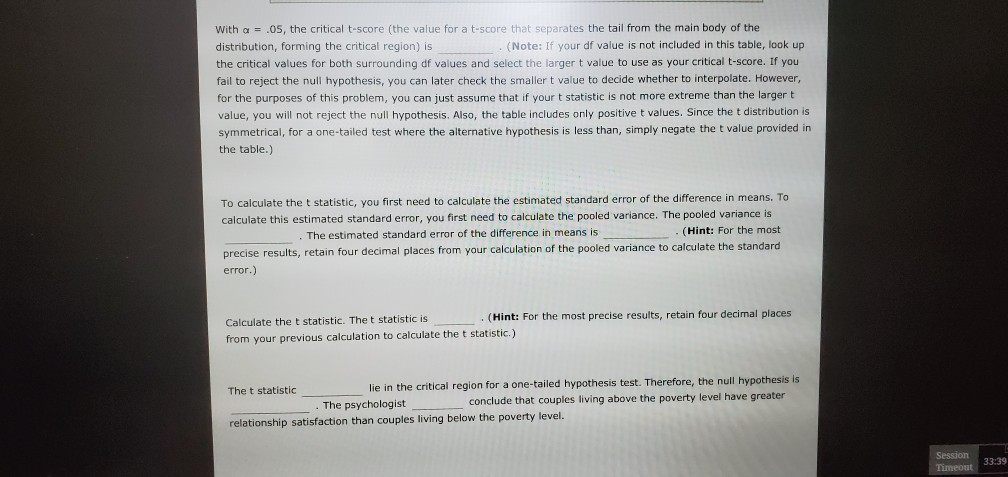 Solved a 05, the critical t-score (the value for a t-score | Chegg.com