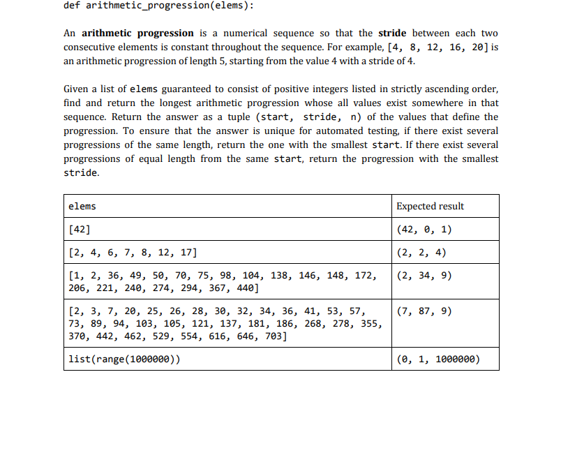 Solved def arithmetic_progression(elems): An arithmetic | Chegg.com